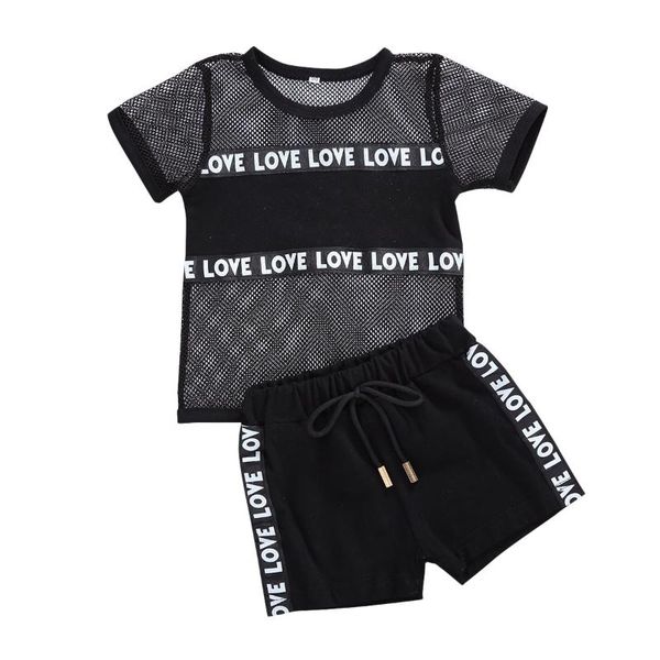 

infant kids baby girls fashion summer clothes 2pcs kids suit set letter print short sleeve hollow out net t-shirt+ pants black, White