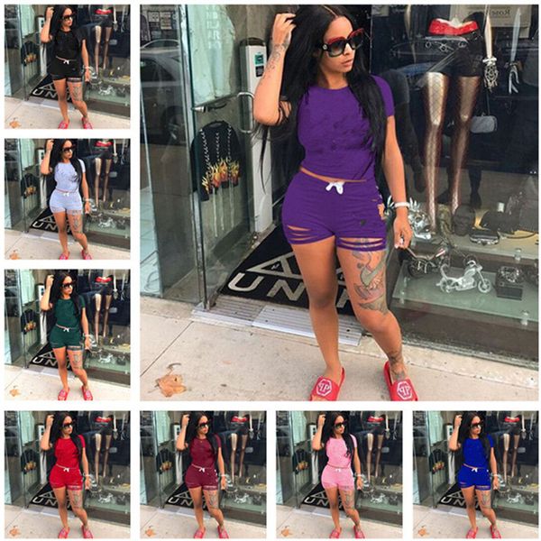 

letter print women shorts tracksuit summer t-shirt t shirt + ripped hole shorts two piece set short sleeve outfits fashion sportswear suit, White