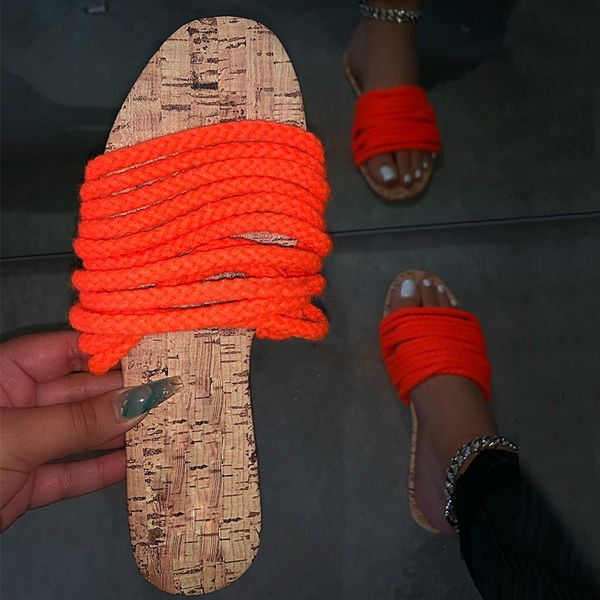 

women slippers woman summer shoes female yellow orange cotton twist flats women's beach comfort footwear plus size ladies slides, Black