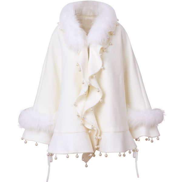 

white fur collar pearl tassel cloak woolen jacket women 2020 autumn winter new loose small fragrance coat, Black