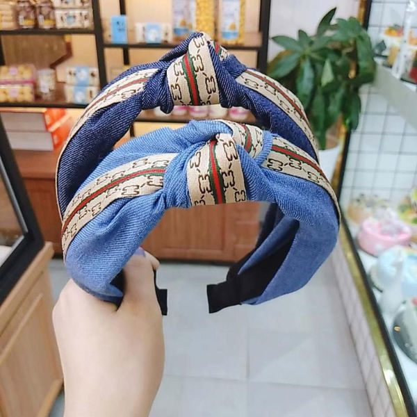 

new fashion blue hair hoop for women hair accessories denim fabric knowide brimmed headband letter patchwork hairbands turban