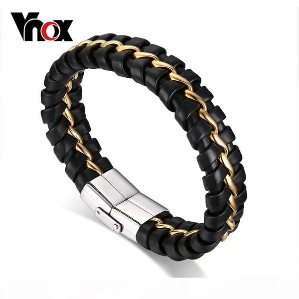 

genuine leather bracelet for men black color stainless steel wire bangle mens jewelry for friend new arrival christmas party gift, Golden;silver