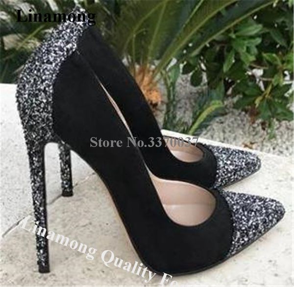 

dress shoes linamong bling glitter pointed toe patchwork stiletto heel pumps slip-on sequined mixed-colors high heels, Black