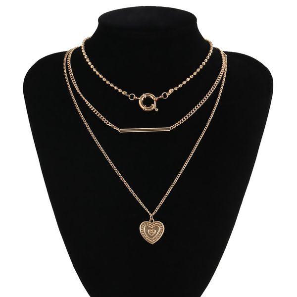 

10sets/lot european metal circle beaded chain multi layer pipe heart pendant necklace women gift clavicle gold necklace jewelry accessories, Silver