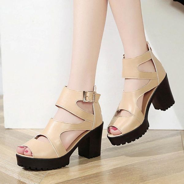 

chamsgend summer women's thick with high heel fish mouth hollow buckle sandals wild thick comfortable outdoor sandals