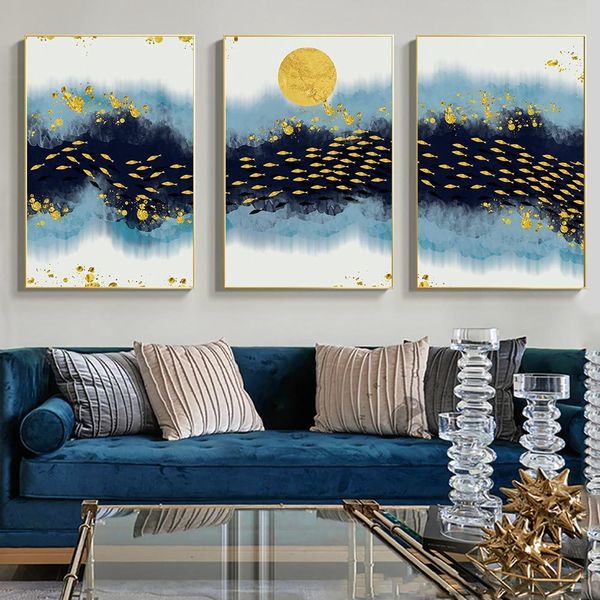 

decoración del hogar pintura abstracta azul y amarillo pintura al óleo día de los peces poster impresión pared de salón pintura sin marco