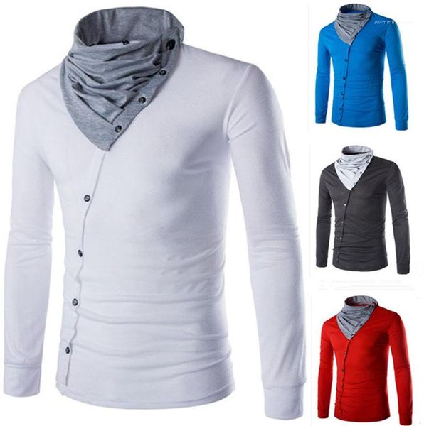 

lapel neck mens slim tshirts with single breasted males casual splicing designer mens tshirts long sleeve, White;black