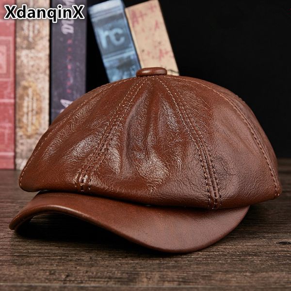 

xdanqinx genuine leather hat autumn men's cowhide leather beret elegant fashion young student tongue cap snapback caps for men t200104, Blue;gray