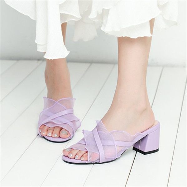 

pxelena korean fashion women summer slippers outdoor ruffles chunky block high heels slides ladies purple red white black 34-45