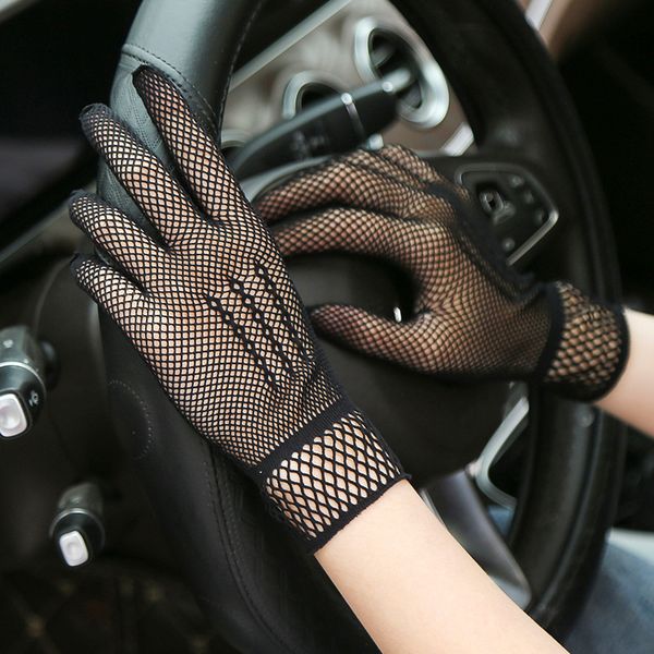 

five fingers gloves summer women lace mesh black white driving anti uv sunscreen full finger elegant lady dance, Blue;gray