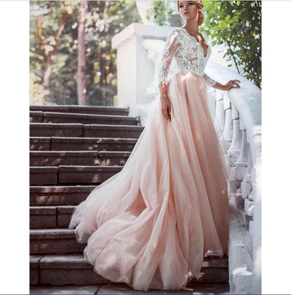 

romantic lace pink wedding dress deep v-neck tulle bridal gown custom made plus size, White