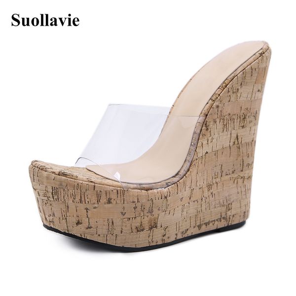 

suollavie casual wedges for women fashion slippers platform ladies shoes slippers clear female shoes for women peep-toe sandals, Black
