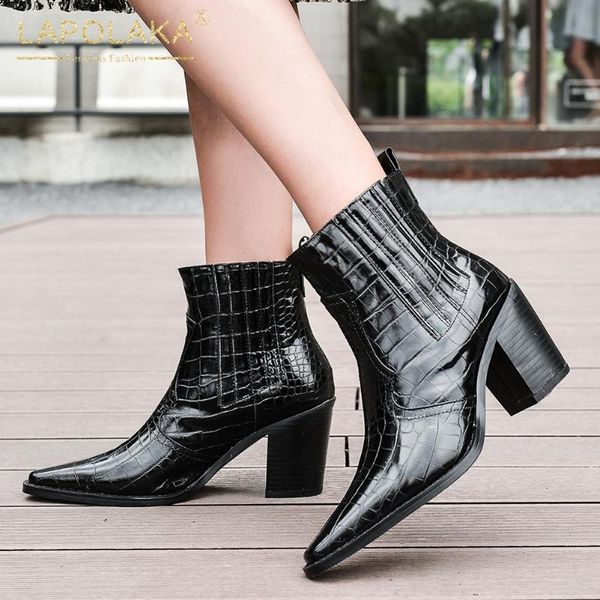 

lapolaka brand new 2020 genuine cow leather spring autumn boots woman shoes chunky high heels fashion luxury boots ladies, Black