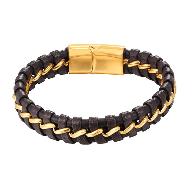 

tennis kpop bracelet knit hollow genuine leather bangle wristband stainless steel bracelets men jewelry gh956, Golden;silver