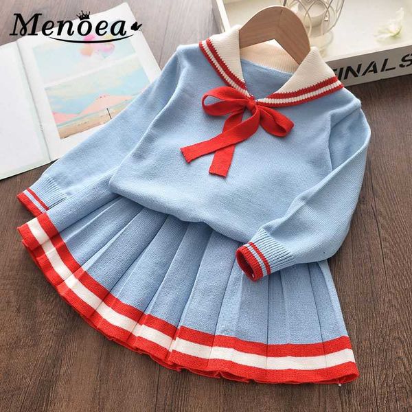 

menoea girls winter clothes 2020 baby girl cute dress long-sleeve knitted pullover + dress bow tie 2pcs children knitwear suit, White