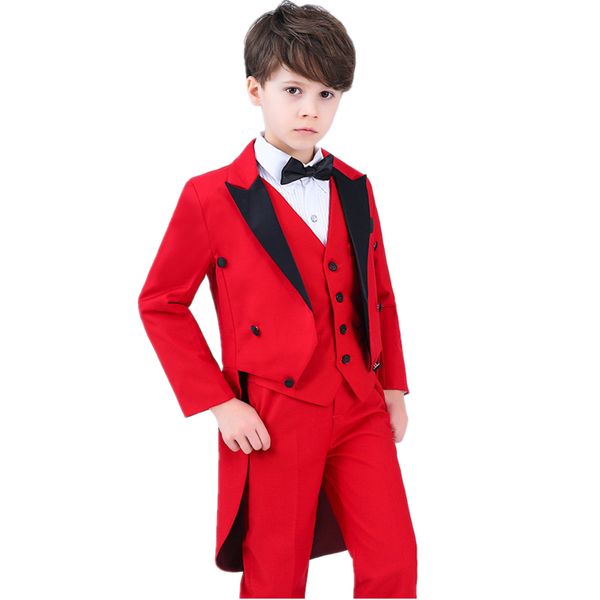 

formal boys tuxedo set children wedding host piano performance party costume kids long blazer vest shirts pants bowtie outfits, White
