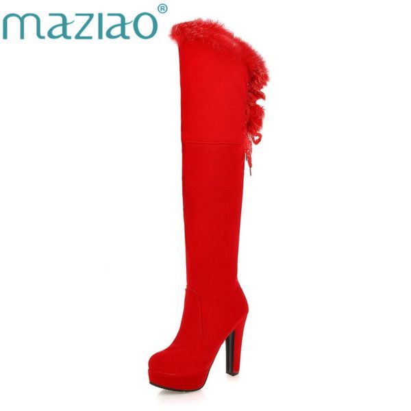 

maziao 2020 new arrive women boots fahsion black red flock zipper lace up ladies over the knee boots solid color elegant