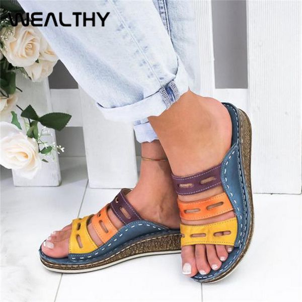 

wealthy summer women slippers retro rome stitching thick bottom platform sandals wedge open toe sandals beach slip on slides, Black