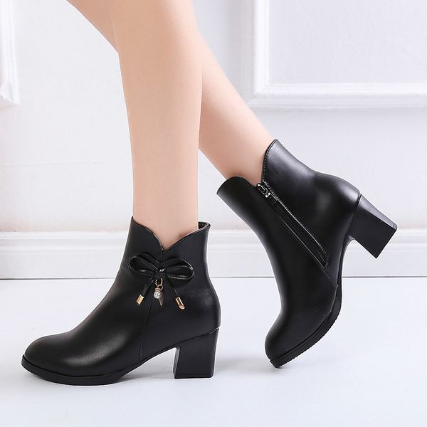 

women boots 2020 autumn ankle boots for women square heels zipper casual female shoes bow knot crystal leather botas mujer, Black