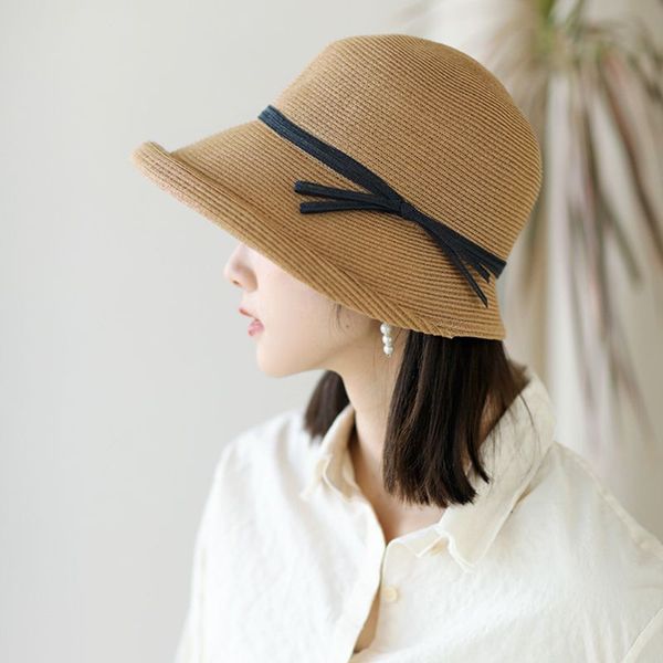 

women hepburn vintage woven sun hat elegant contrast color bowknot short roll up brim foldable summer vacation round bucket cap, Blue;gray
