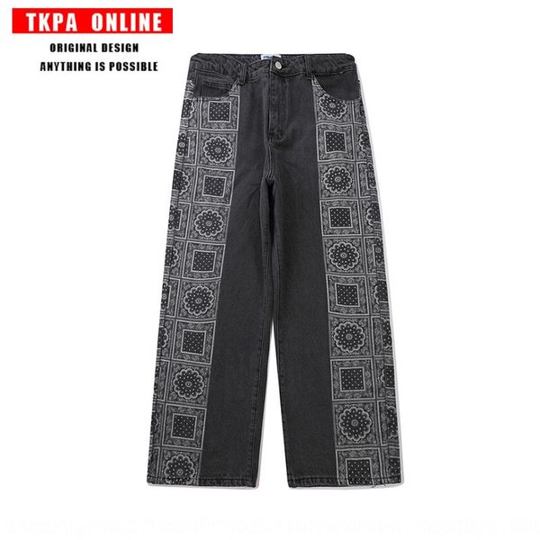 

tkpa harajuku street cashew flower stitching and jeans washing jeans high street loose straight wide leg dad pants men 5qvhv, Blue