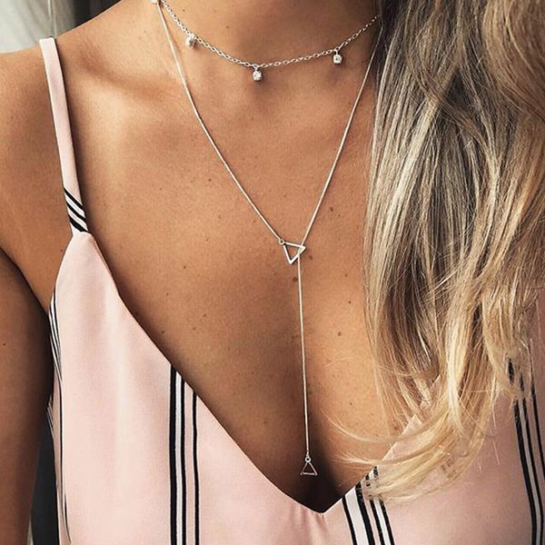 

2pcs/set sweet women necklaces triangle geometry crystal pendant tassel clavicle chain silver color long necklace set jewelry