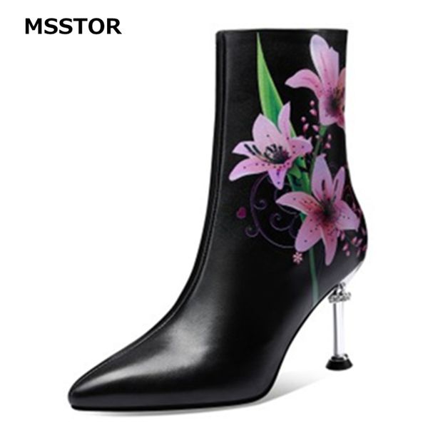 

flower leather boots women sewing thin heels party short plush ankle boots for women winter party pointed toe ladies shoes, Black