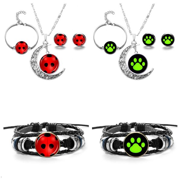 

8pcs/set miraculous ladybug cat noir pendant necklace and bracelet earrings set for birthday party gift, Black