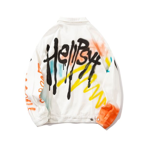 

white graffiti printed men's denim jackets turn-down collar jean jackets streetwear man clothing, Black;brown
