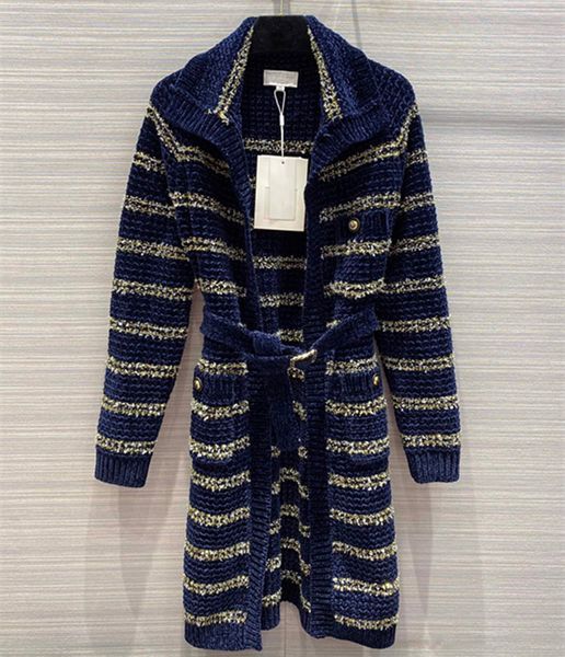 

european and american women's wear 2020 winter new style long - sleeved lapel with gold thread and stripe knit cardigan coat, Black