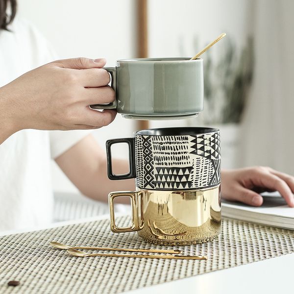 

320ml gold-plated coffee cup european creative ceramic cup wide mouth mug wholesale retro relief water