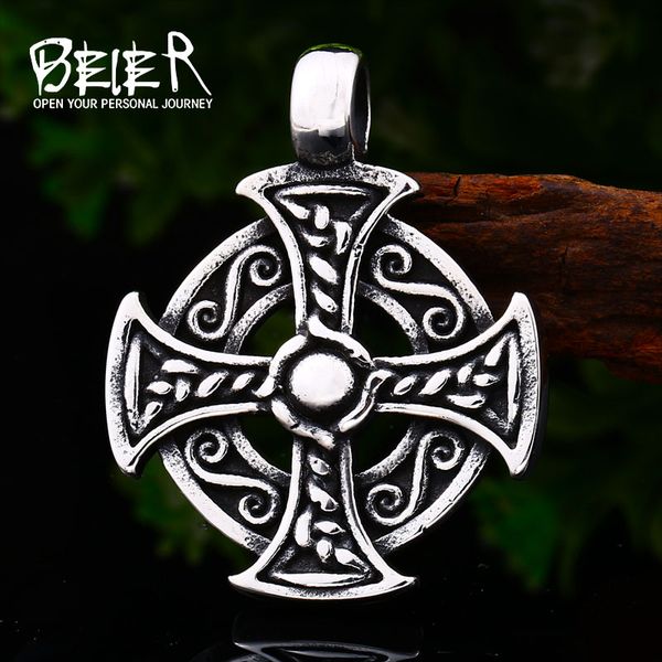 

beier 316l stainless viking disc pattern cross pendant necklacet for men amulet scandinavian fashion jewelry lhp102, Silver