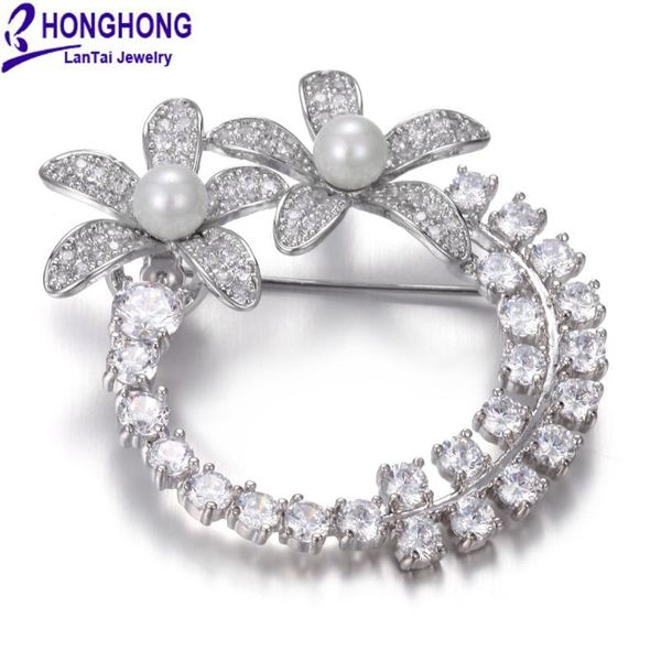 

honghong 2020 cubic zirconia pearl flower brooches ladies fashion brooch wedding dress jewelry accessories, Gray