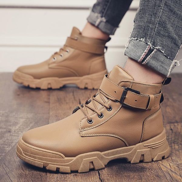 

men's retro autumn winter british lace belt buckle lace-up male large size non-slip bottom casual short boot zapatillas hombre, Black