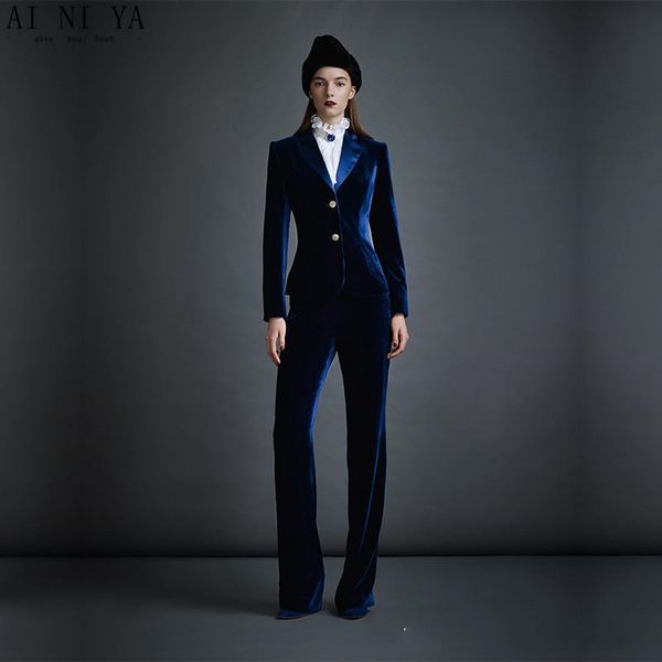 

dark blue velvet women's business suits formal office pant suits female work wear 2 piece sets slim fit uniform designs blazers, White