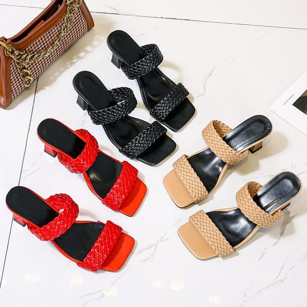 

leather braided high heel sandals women runway party shoes woman cross wove folds mules shoes thin heel slippers woman, Black