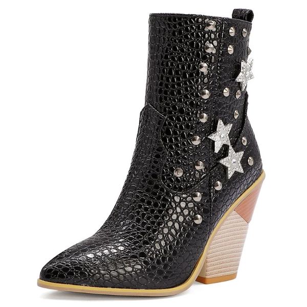 

five-star rivet metal decorative wedge heel oversized mid-calf boots wood grain super high heel yellow women's boots, Black