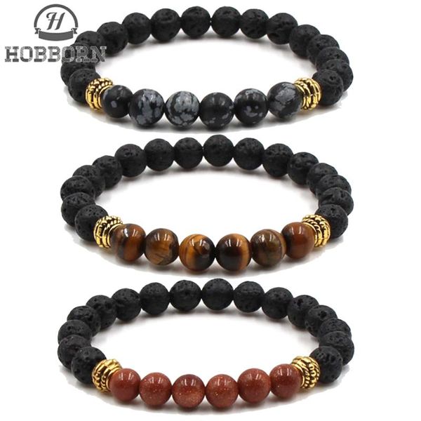 

hobborn trendy strand adjustable men bracelet handmade 8mm tiger eye lava natural stone beaded women charm bracelets jewelry, Golden;silver