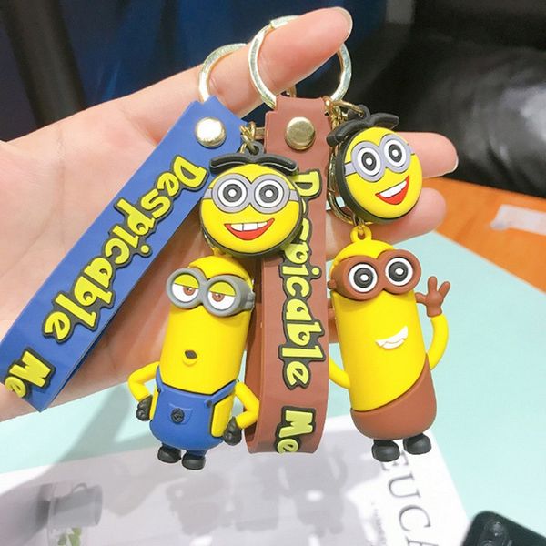 

new selling cartoon big eyes yellow man keychains accessories cute ball head doll key chains bag bag car pendant key rings, Silver