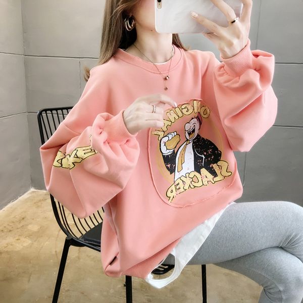 

fake two-piece women's cotton loose korean sweatersweater sweater style large size women's spring and autumn korean style super po, Black