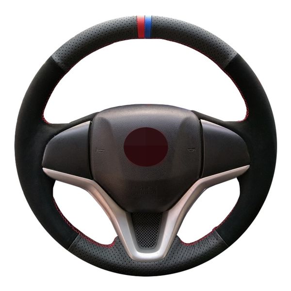 

car steering wheel cover diy hand-stitched black leather suede for honda new fit city jazz 2014 2015 hrv 2016