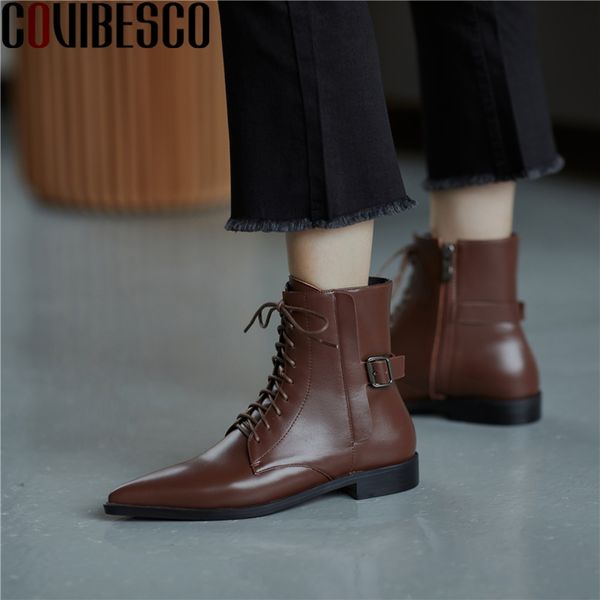 

covibesco retro women ankle boots autumn winter retro pointed toe shoes woman cross-tied genuine leather low heels zipper boots, Black