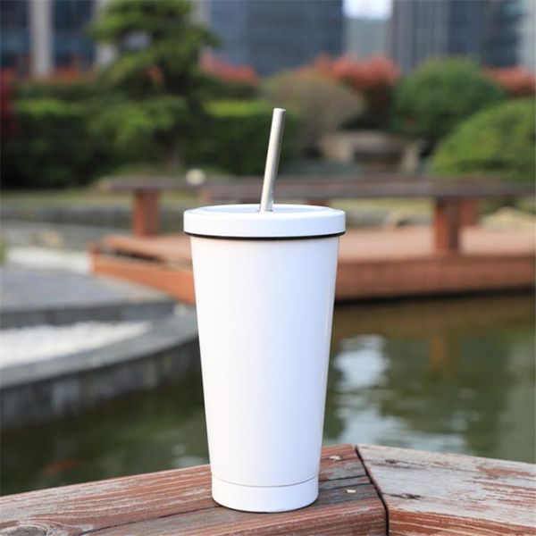 

18oz sublimation blank milk tumbler white creative heat transfer coffee mug stainless steel straws simple office home cup