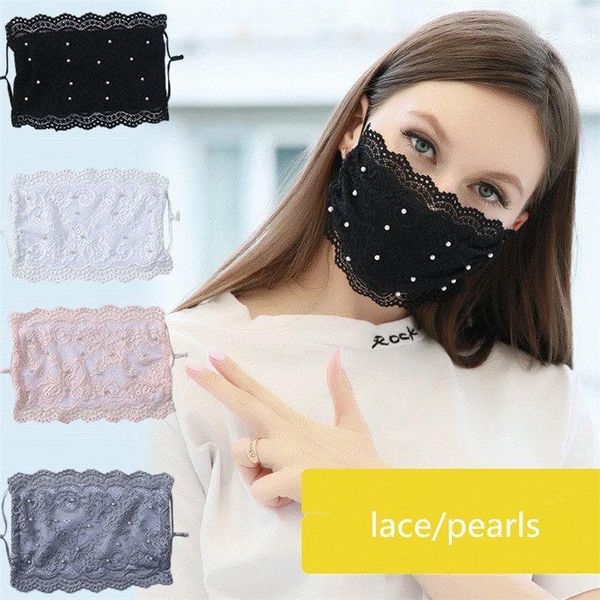 

In Stock Women Lace Pearls Designer Mask Sunscreen Silk Breathable Mouth Muffle Summer Sun Protection Dust-Proof Mouth Face Masks FY0057