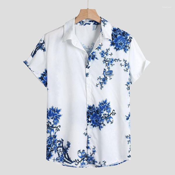 

designer hawaiian beach short sleeve teenagers tshirts males fahion loose breathable clothes mens chinese style blue flower shirts summer, White;black