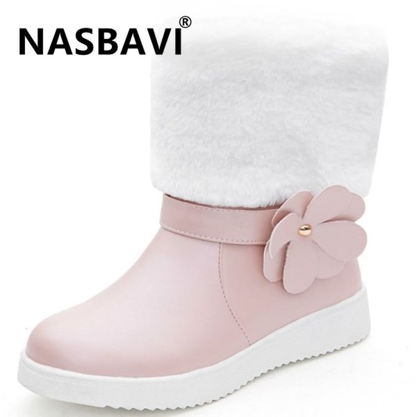 

nasbavi 2020 women winter snow boots flower decoration flat waterproof warm thick plush ankle boots women winter platform shoes, Black