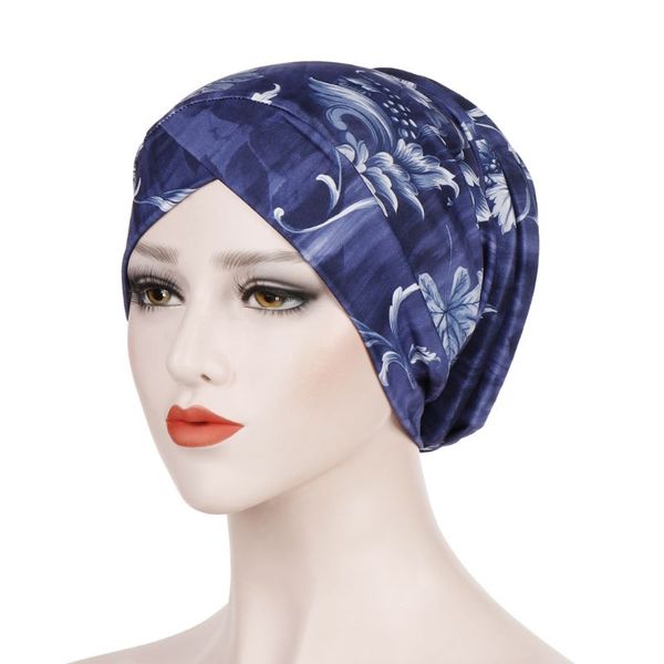 

women milk fiber muslim turban hat sponge tail paisey flower headwrap cross front wide band underscarf chemo cap, Blue;gray