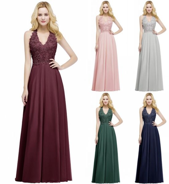 

Designer Elegant Halter Neck Sleeveless Appliqued Long Evening Dresses A Line Backless Flowy Chiffon Party Prom Gowns Bridesmaid CPS912