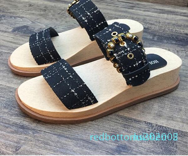 

women summer slippers classic luxury rhinestone chain genuine leather velvet fashion brand current ladies beach increase slippers r05, Black