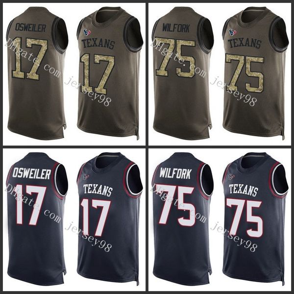 

houston texans red 17 brock osweiler 75 vince wilfork green salute to service pressing player name & number nfl tank jer, Black;red